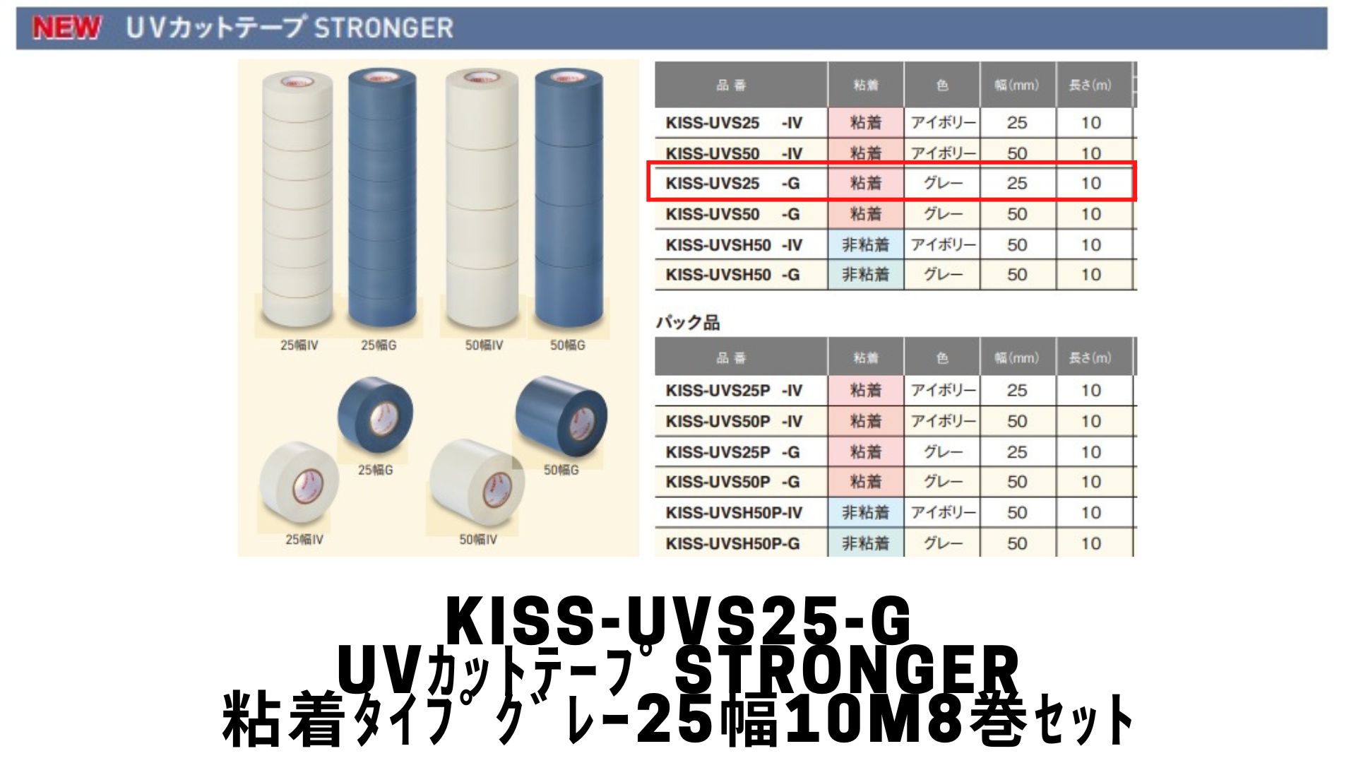 KISS-UVS25-G　UVカットテープSTRONGER（粘着）グレー　幅：25mm　長さ10m／巻　8巻セット