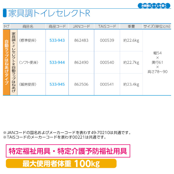 安寿 家具調トイレセレクトＲ「自動ラップはねあげ」