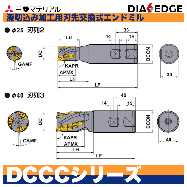深切込み加工用刃先交換式エンドミル 深切込み用DCCCシリーズ 三菱