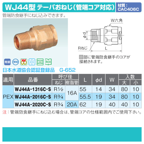 ダブルロックジョイントWJ44型「テーパおねじ（管端コア対応）」オンダ