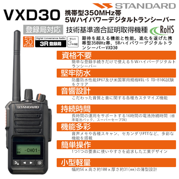 携帯型350MHz帯5Wハイパワーデジタルトランシーバ「VXD30