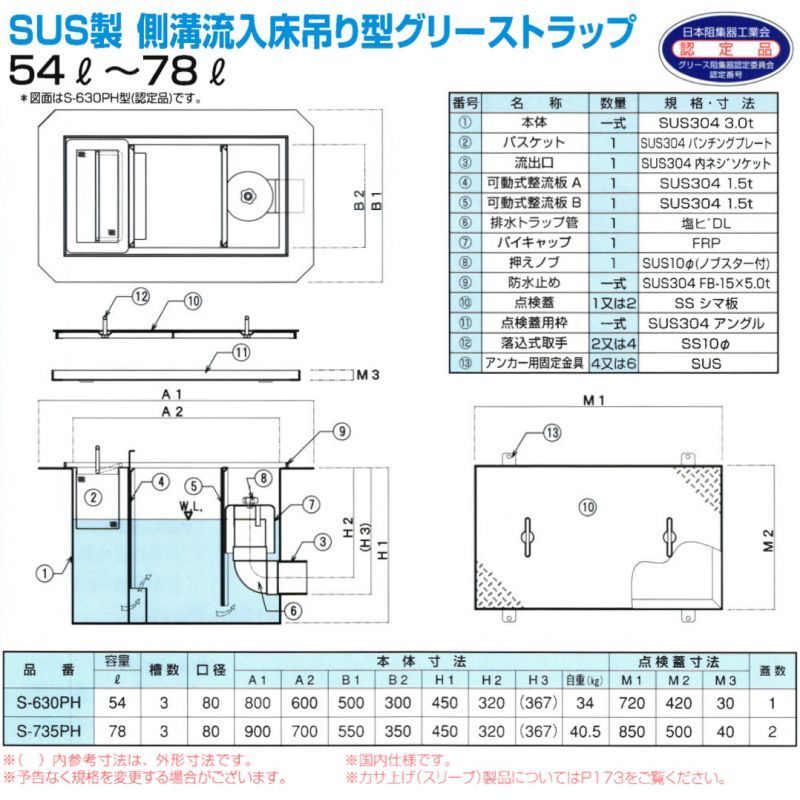 TOSC-40R 浅型グリーストラップ FRP製パイプ流入シンダー内埋設型 高さ